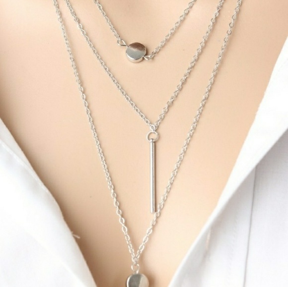 Silver Triple Layer Bar Dot Necklace - Picture 2 of 2